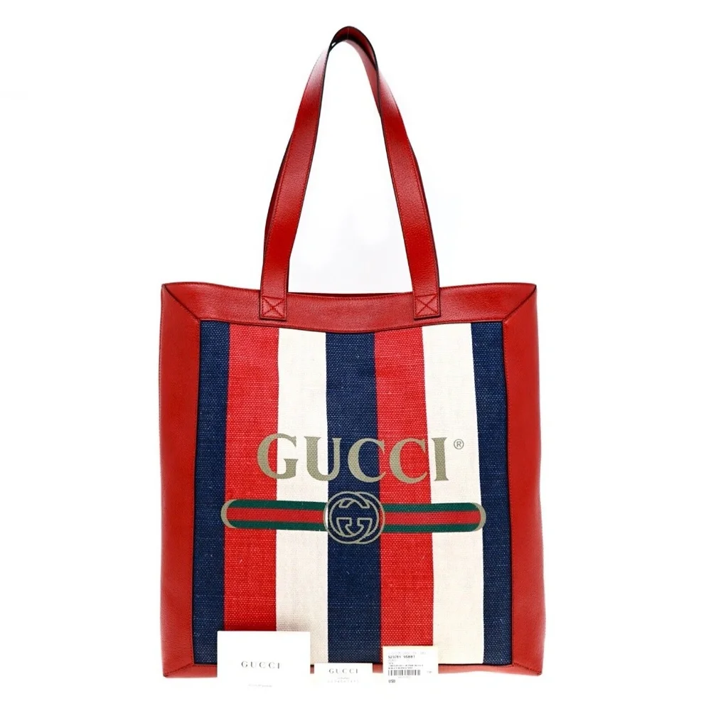 Gucci Sylvie Tote Baiadera Stripes Logo Print Shopper Shoulder Bag Red N… - Picture 4 of 7